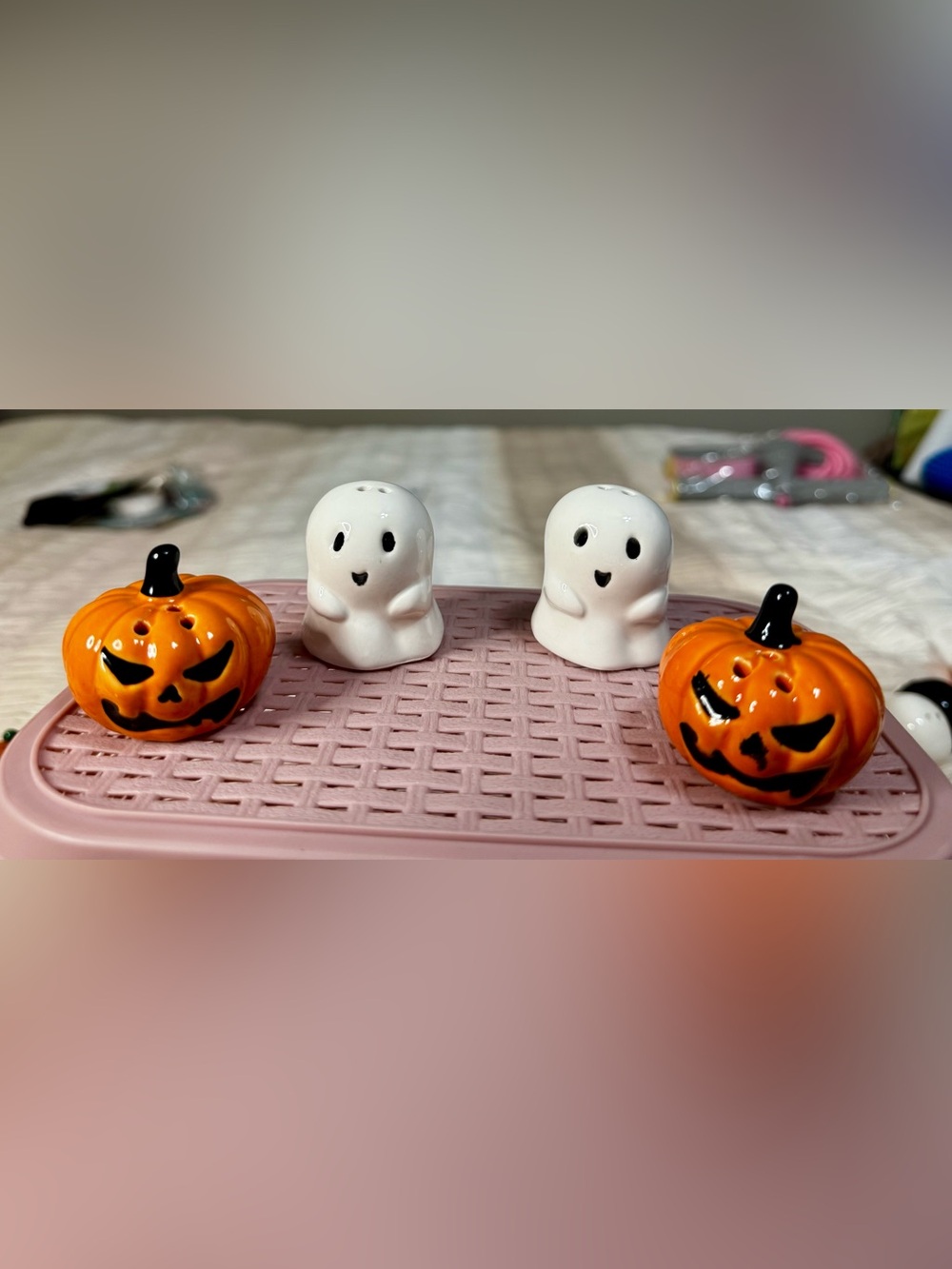 Cracker Barrel White Ghost & Orange Pumpkin Ceramic Salt and Pepper Set